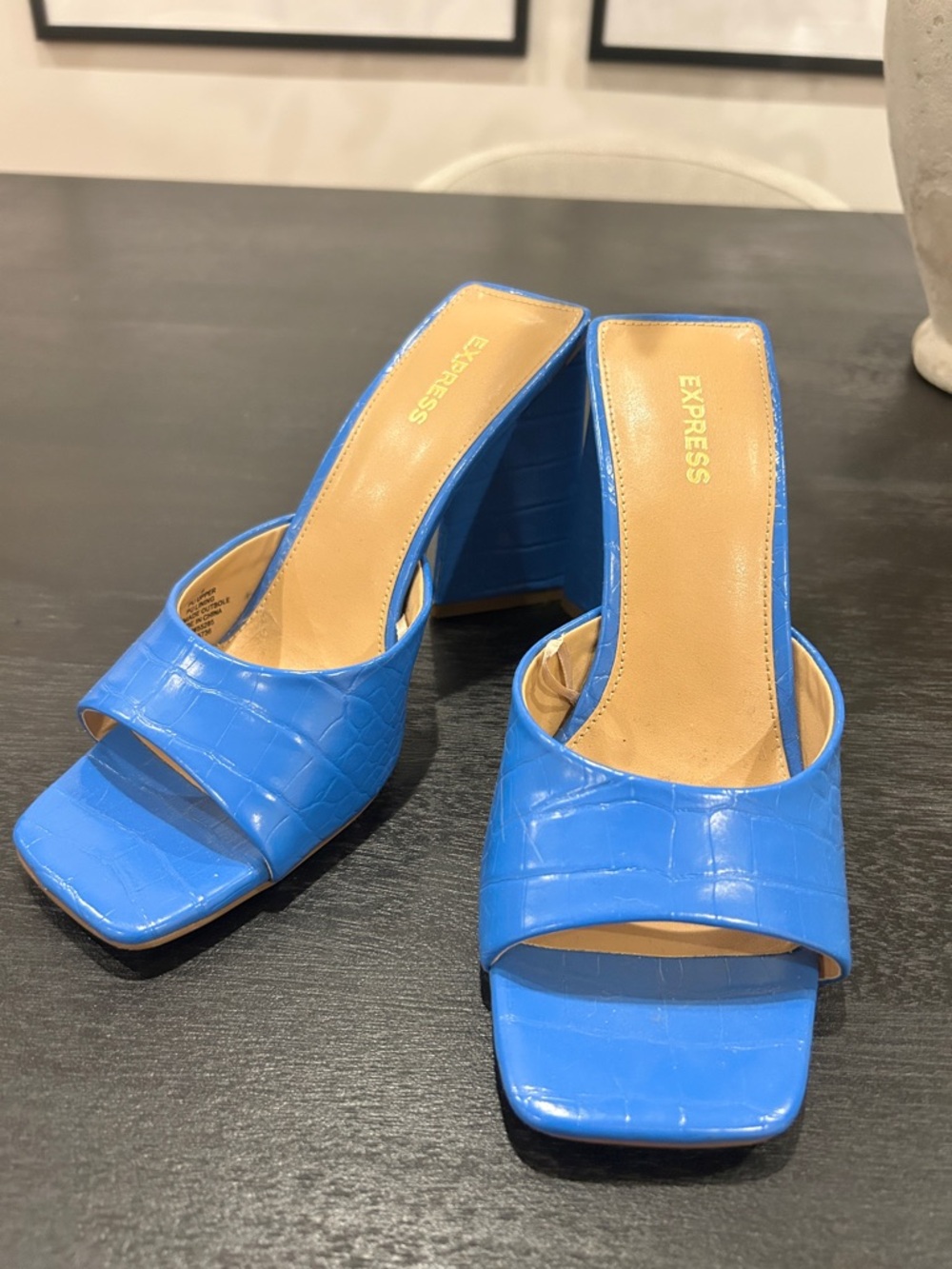 Express Blue Croc-Embossed Square Toe Block Heel Mules